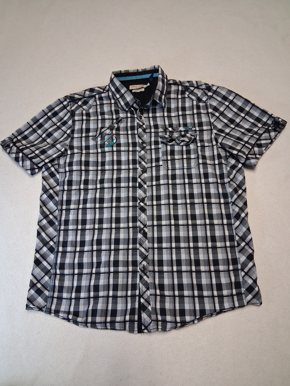 Men's Short-Sleeve Plaid Button-Up Shirt - Black & White
